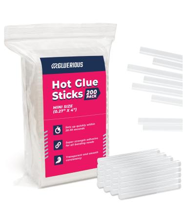 Gluerious Mini Hot Glue Sticks For Glue Gun, 200pcs Bulk Pack 4" Long x .27" Diameter Small Size, Multi Temp for Arts Crafts DIY Fabric & More. (Mini Glue Sticks (4"x.27"))