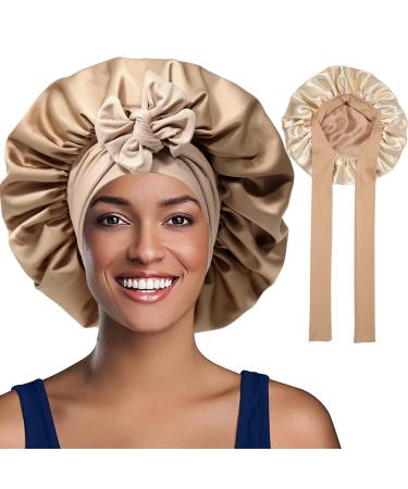 Welrog satin hair hood for women - double -sided satin silk hood to sleep sleeping hood hair protect hair hood for the night satin bonnet coffee/beige