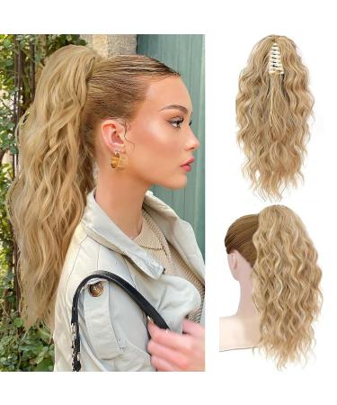MORICHY Highlights Ponytail Extension 18inch Claw Clips in Ponytail Hair Extension for Women Mix Blonde Curly Hair Synthetic Pony Tail Hairpiece for Women Daily Use party 18Inch Dirty Blonde with Brown Highlights