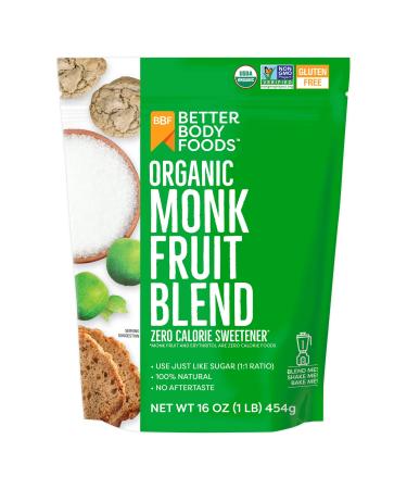 BetterBody Foods Organic Monk Fruit Sweetener Blend, Raw Cane Sugar Substitute, Zero Calorie, Keto Diet Friendly, Zero Net Carbs, Zero Glycemic, Baking, Extract, Sugar Replacement, 1lb, 16oz