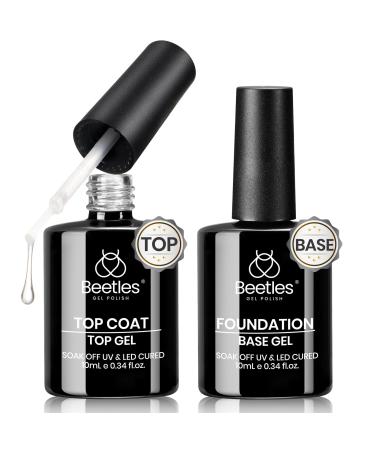 Beetles 2Pcs 10ml No Wipe Gel Base and Top Coat Set Shine Finish and Long Lasting Soak Off LED Nail Lamp Clear Gel Top Base Coat Gel Nail Polish Art Design Home DIY Manicure Gifts for Women 0-2*10ml Top & Base Coat