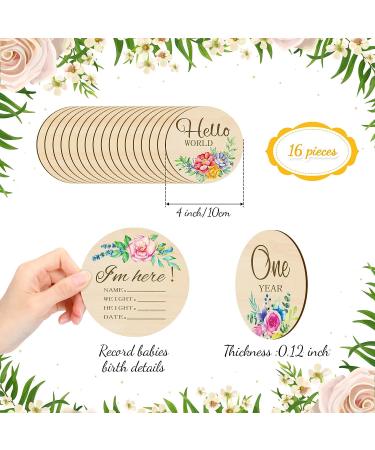 16-Piece Floral Wooden Baby Monthly Milestone Cards - Double-Sided Baby Months Signs for Newborn Photo Props - Fresh Flowers Design - Buy Online on SooperMarket.com
