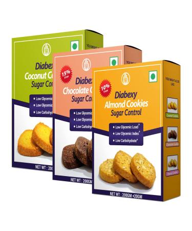 Diabexy Cookies Combo (Almond, Coconut & Chocolate) Sugar Control for Diabetes 200 gm Each (Pack of 3) Snacks Gift Pack