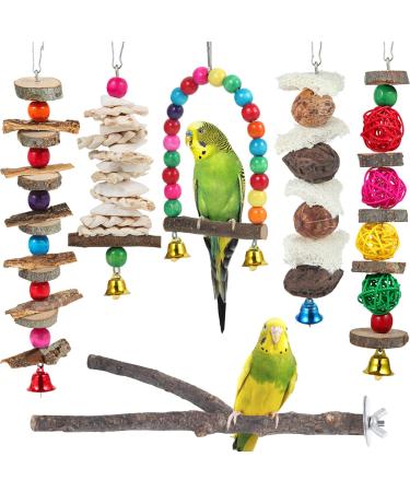 Bird Perch Bird Toys Parakeet Toys 6 Pack Bird Cage Accessories Wooden Chew Toys Perch Stand for Parrot Conure Cockatiel Lovebird Parrotlet Budgie Finches and Other Small to Medium Sized Birds
