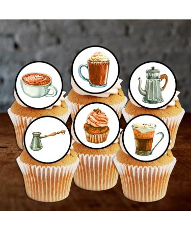 PRECUT Coffee Shop Cupcake Toppers Coffee Shop Theme Coffee Cake Premium Thickness SWEETENED VANILLA - wafer card cake decorations (Pack of 12) - Buy Online on SooperMarket.com