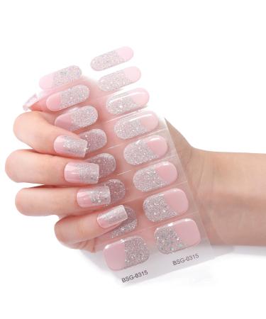 Semi Cured Gel Nail Strips French Pink Nail Wrap 16Pcs Adhesive Full Wrap Gel Nail Art Sticker Waterproof Gel Nall Wrap Stickers with Nail File UV/LED Lamp Required Glitter Pink French