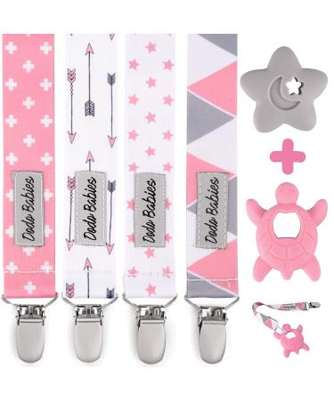Dodo Babies Pacifier Clip & Teether Toy Set - Four Clips Plus Two Silicone Teether Toys - Universal Holder Fits Most Paci Brands - Fun Pink and Gray Prints for Girls or Boys