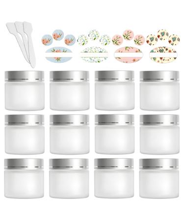 12 Pack 60ml 2 oz Matte Clear Glass Jars with Silver Lids & Inner Liners,Round Containers Travel Jars for Cosmetics, Eye Shadow, Makeup and Face cream Lotion.