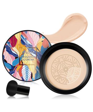 Mushroom Head Air Cushion CC Cream Moisturizing Concealer CC Cream Foundation Long Lasting Brighten Makeup Base with Mushroom Applicator Even Skin Tone for All Skin Types (Natural)