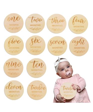 Nuqin Baby Monthly Milestone Cards 12Pcs Wooden Milestone Babies Double Sided Milestone Discs for Record Every Moment of The Baby's Growth in The First Year and Retain The Memories of Each Month