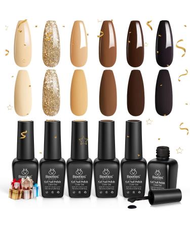 Beetles Gel Nail Polish Set - Roasted Chestnuts Collection 6 Colours Fall Winter Chocolate Brown Gel Polish Kit Neutral Khaki Gold Glitter Yellow Beige Nail Gel Nail Art Mother's Day Gifts for Women