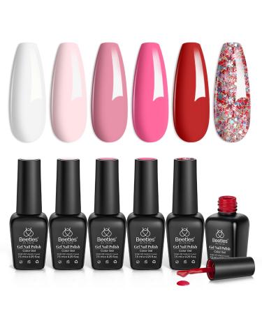 Beetles Gel Nail Polish Set -6 Colors Pink Rose Red Spring Summer Nail Gel Kit Fall in Love Collection Glitter Pink Valentine's day Nails Gifts for Women Girlfriend Soak Off LED Nail Lamp Manicure Kit