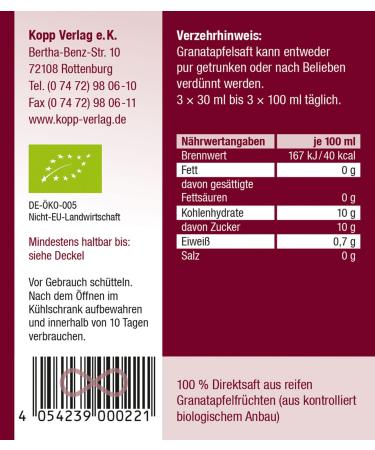 KOPP VITAL BIO Pomegranate Juice - 4 x 1L Organic Premium Direct Juice - Naturally Sweetened Superfood - Buy Online on SooperMarket.com