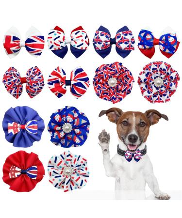 JpGdn 12Pcs Pack Dog Collar Charms Bow Ties and Flowers for Small Medium Dogs Cat Adjustable Bowties Sliding Bows Union Jack British Dog Bow Tie Pet Grooming Accessories UK Flag Pattern