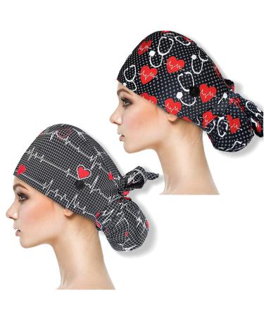 YUESUO 2 Pack Working Cap with Buttons and Sweatband,Cotton Working Hats with Adjustable Ponytail Pack Ribbon Tie Back Hats for Women & Men,Long Hair Head Covers Shower Caps (B)