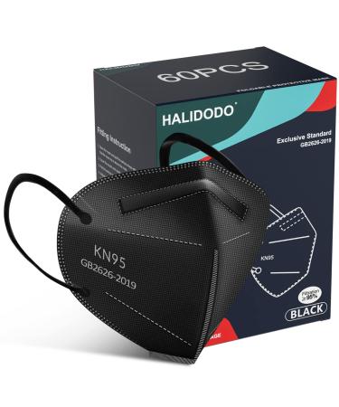 HALIDODO Individually Wrapped, 60 Packs KN95 Face Mask, 5-Ply Breathable Comfortable Safety Mask with Over 95% Filtering(Black)