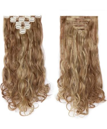 SILK-CO Long Curly Wavy Clip in Hair Extensions - 24 Synthetic Heat Resistant, 8 Pcs Full Head, 18 Clips, Light Brown&Blond - Buy Online on SooperMarket.com