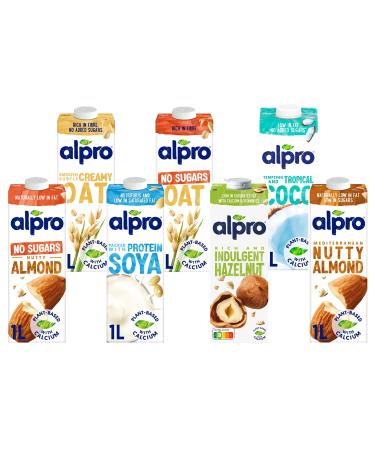 VSTAR Alpro Plant-Based Drink Variety Pack - Oat Soya Almond Coconut Hazelnut - Added Calcium & Vitamins 1L (7 Packs)