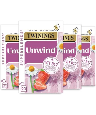 Twinings Superblends Unwind Tea - Strawberry Herbal Tea Infusion with Camomile Lemon Balm Limeflower & Vitamin B12 80 Biodegradable Tea Bags
