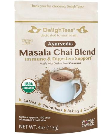 Ayurvedic Organic Masala Chai powder No added sugar or sweetener 4oz (100 Servings) - Caffeine free - Made with Ceylon (true) Cinnamon - Great for Vegan Lattes and Smoothies