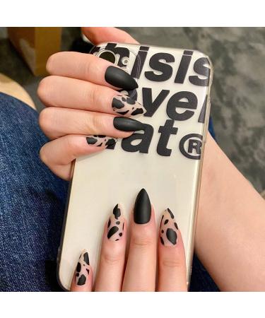 24Pcs Medium Tip Nails Short Press Fake Nails Full Cover Fake Nails Matte Black Frosting False Nails with Leopard Designs Nail for Women and Girls 12