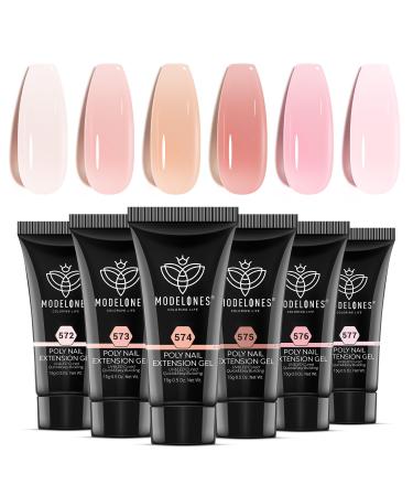 modelones Poly Gel Set 6 Colors Jelly Gel Milky White Sheer Pink Nude Translucent Nail Extension Kit DIY Art for Women A2-Pinkish Jelly