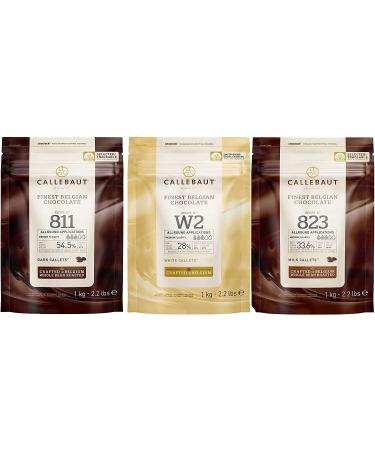 CALLEBAUT Receipe No. 811 823 and W2 Couverture Callets Dark Chocolate Milk Chocolate and White Chocolate 1kg - Pack of 3