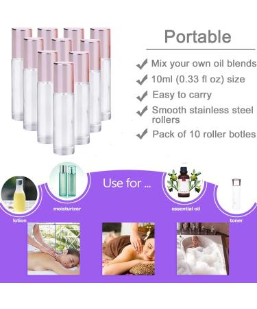Alledomain 10Pcs 10ml Essential Oil Roller Bottles Refillable Transparent Glass Roll on Bottles Clear Roll Bottles with Stainless Steel Balls & Rose Gold Cap Include 12 Labels Dropper & Opener Color 3 - Buy Online on SooperMarket.com