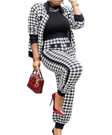 SOMTHRON Women's Houndstooth Print 2 Piece Outfit Set - Zip Up Jacket & Long Pants - X-Large Black - Buy Online on SooperMarket.com