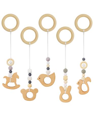 Wood Baby Play Gym Toy Set-Wooden Animal Hanging Toys for infants Rockers and bouncers  Modern Teething Rings Grasping Nursing Pendant  Handmade Nontoxic Beech Wood Rattle for Newborn Gift(5pcs White)