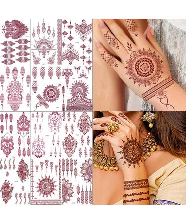 Xmasir 12 Sheets Brown Henna Tattoo Kit  Waterproof Henna Tattoo Stickers for Women Wedding Party Henna Stickers (Brown)