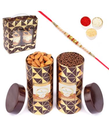 Jaiccha Ghasitaram Rakhi Gifts for Brothers Box 2 Tin Jars of Almonds and Choco Coated Rice Crispies with Pearl Rakhi Box 2 Tin Jars of Almonds & Rice Crispies & Rakhi