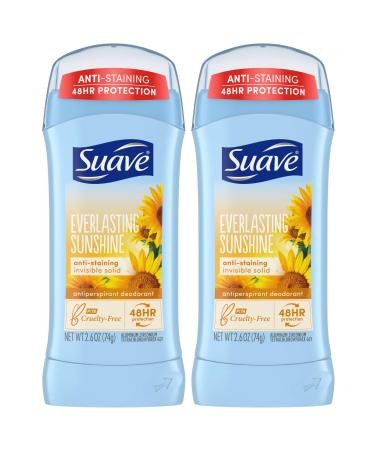 Suave Deodorant for Women Everlasting Sunshine Invisible Solid Antiperspirant Deodorant Stick 48H Protection Anti-Staining Cruelty-Free Scented 2.6 Oz (Pack of 2)
