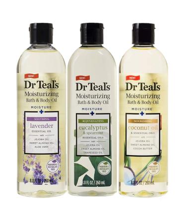Dr. Teals Mothers Day Bath & Body Oil Variety Gift Set (3 Pack 8.8oz Ea.) - Soothing Lavender Rejuvenating Eucalyptus & Nourishing Coconut Oil - Essential Oils Hydrate Skin & Alleviate Daily Stress