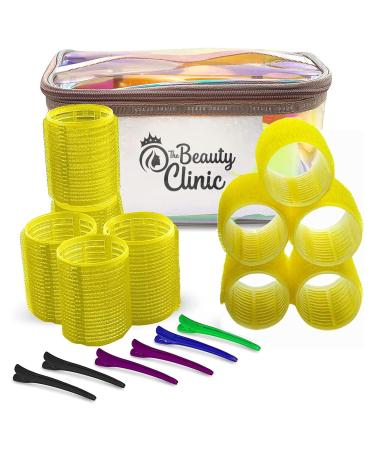 The Beauty Clinic Velcro Rollers for Hair - 10 PCS Self Grip Hair Roller 44mm by 63mm with 6 Duckbill Sectioning Clips Hairdressing Curlers And Self Holding DIY Roller Storage Bag Yellow