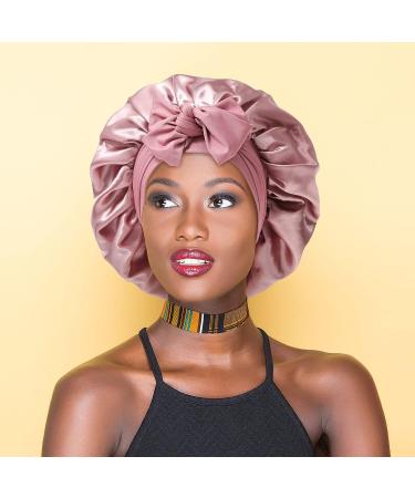 Satin Hair Bonnet for Women | Large Double Layer Silk Sleep Cap with Wide Elastic Band | Includes 45PCS Waterproof Disposable Shower Caps | Dusty Rose - Buy Online on SooperMarket.com