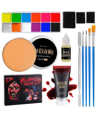 DE'LANCI Halloween Special Effects SFX Makeup Kit for Zombie Vampire 12 Color Makeup Paint Oil Based Scar Wax(2.12 oz) Fake Blood(1.06 oz) 10ml Extension Oil 4 Paint Brushes Spatula 3 Stipple Sponge