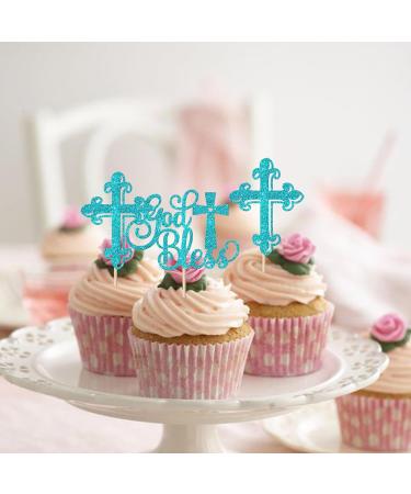 Rsstarxi 24 Pack God Bless and Baptism Cupcake Toppers Glitter Cross God Bless Cupcake Picks Decorations for Babyshower Christian First Communion Baptism Party Cake Decorations Blue - Buy Online on SooperMarket.com