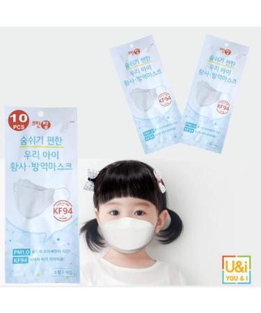 (Pack of 10) Clean Top Premium 3D Disposable White Kids KF94 Face Mask Age 3-9 Old 4-Layer Filters Protective Nose Mouth Covering Dust Mask Individual Packs kf94 masks Made in Korea.