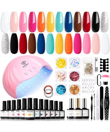 Modelones Gel Nail Kit - 12 Colors White Pink Gel Nail Polish Set with Lamp Starter Kit Gel Nail Polish Kit 48W Nail Dryer Base Top Coat Manicure Tools Nail Art Decoration DIY at Home Red Black