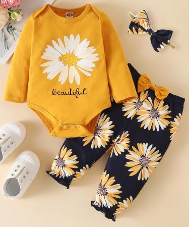 Koonde Baby Girl Clothes 3-Piece Outfit Set | Romper, Trouser & Headband | Newborn to 24 Months | 12-18 Months | Yellow + Navy - Buy Online on SooperMarket.com