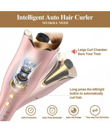 Auto Hair Curler - Automatic Curling Iron Wand with Rotating Barrel 4 Temps & 3 Timer Settings - Dual Voltage Fast Heating Gold - Buy Online on SooperMarket.com