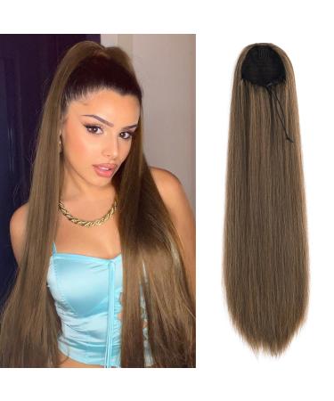 REECHO Ponytail Extension 28" Long Straight Drawstring Pony Hair Extension Synthetic Pony Tail Hairpiece for Women Light Ash Brown with Highlights