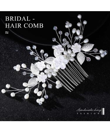 Handsess Bridal Wedding Flowers Hair Comb Silver Rhinestone Hairpieces Leaf Bridal Side Combs Pearl Wedding Hair Accessories for Women and Girls - Buy Online on SooperMarket.com