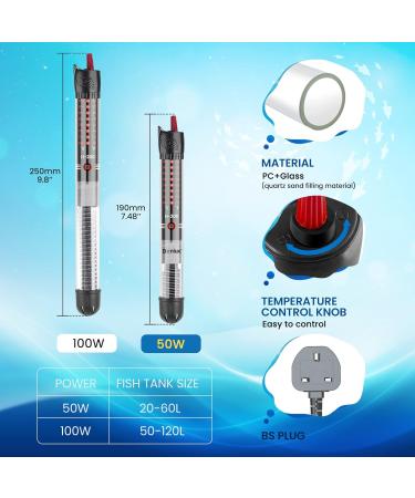 Bonlux 50W Submersible Aquarium Heater: Adjustable Temperature, Thermometer, 2X Sucker Cups | For Fish Turtle Tank up to 60L Water | BS Plug, 0.9M Cable - Black - Buy Online on SooperMarket.com