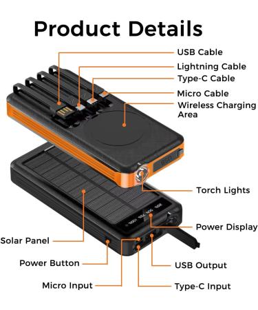 Alpha Digital Outdoor Solar Portable Power Bank with Wireless Charging 10000mAh - Orange - Buy Online on SooperMarket.com