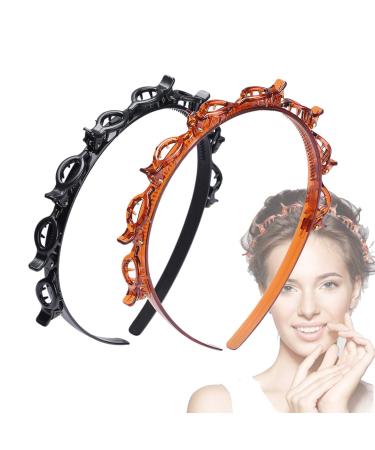 JASSINS 2 Pcs Double Bangs Hairstyle Hairpin Headband  Professional Weave Bangs Clip  Twist Clip Headband with Toothed Headband Braid Tool  Women Girls Fashion Hair Accessories (Black and Brown)