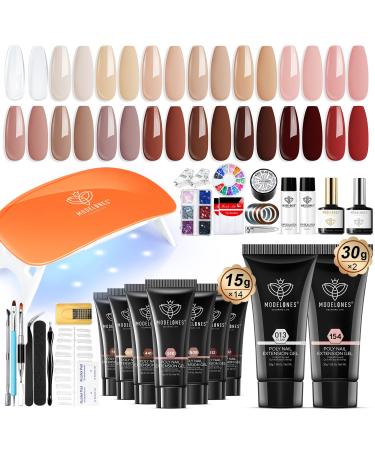 Modelones 16 Colors Poly Nail Gel Kit with Nail Lamp Clear Nude Pink Brown Red Complete Complete Kit Nail Extension Art Nail Thickening Solution