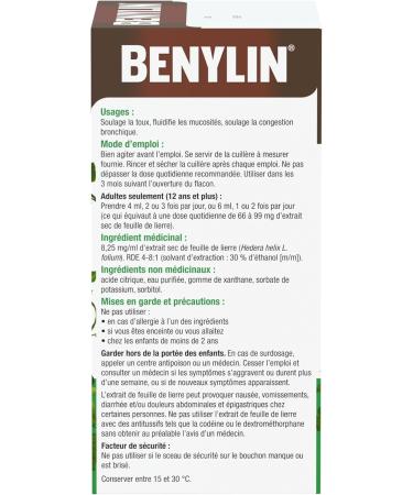 BENYLIN HERBAL Cough Syrup Ivy Leaf Herbal Decongestant Cold & Flu Relief Cough Suppressant Sugar Free Antioxidants 100-mL - Buy Online on SooperMarket.com