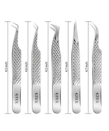 GTEX Lash Tweezers Set of 5 - Japanese Stainless Steel, Straight & Curved, 45 & 90 Volume Eyelash Extensions - Silver - Buy Online on SooperMarket.com